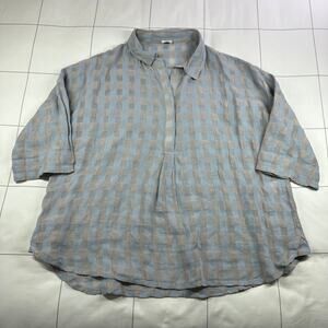 Poetry Top Womens 10 Blue Checkered Linen Seersucker Collared Popover Gingham